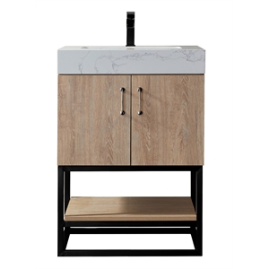 Pemberly Row 24&quot White Stone Top Oak Single Vanity Black Frame with o Mirror