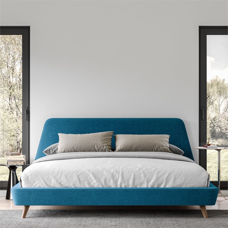 Pemberly Row Wood and Fabric Upholstered King Platform Bed in Blue