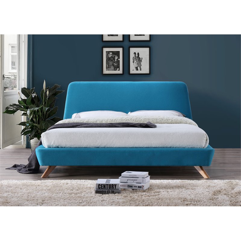 Pemberly Row Wood and Fabric Upholstered King Platform Bed in Blue