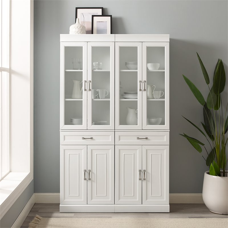 Pemberly Row Wood Pantry with Glass Door in White (Set of 2)