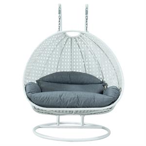 Pemberly Row Outdoor White Wicker Hanging Double Egg Swing Chair - Charcoal Blue