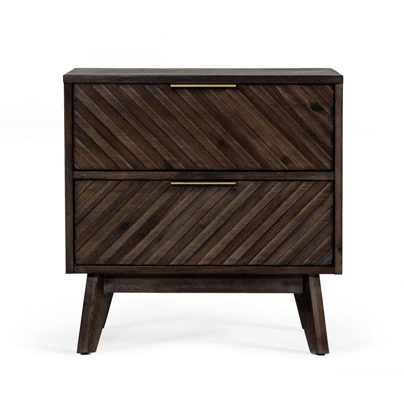 Pemberly Row Mid-Century Acacia Solid Wood Nightstand in Dark Brown/Brass