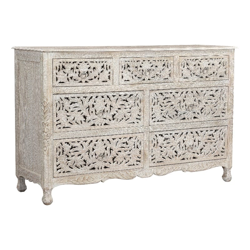 Pemberly Row 7-drawer Floral Carved Solid Wood Dresser in White