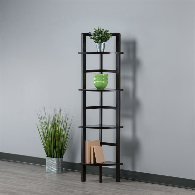 Pemberly Row Corner Transitional Solid Wood Baker's Rack in Coffee