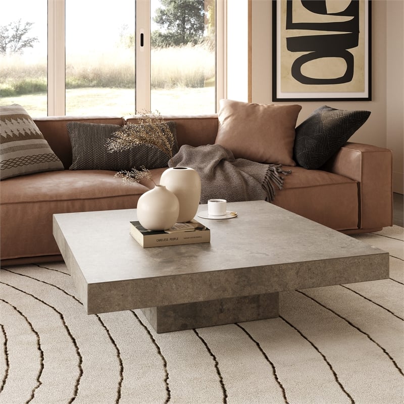 Pemberly Row Square Modern Concrete Stone Coffee Table in Dark Gray