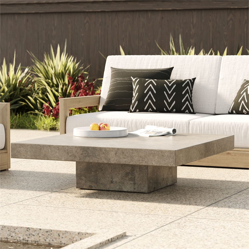 Pemberly Row Square Modern Concrete Stone Coffee Table in Dark Gray