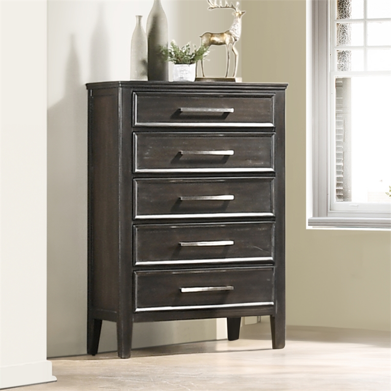 Pemberly Row Transitional Solid Wood 5-Drawer Chest in Nutmeg