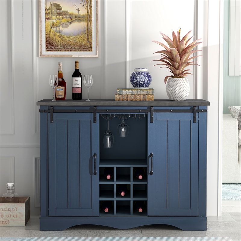 Pemberly Row Navy Buffet Bar Cabinet Barn Door w/ Marbling Pattern Countertop