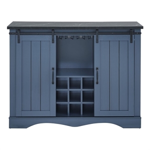 Pemberly Row Navy Buffet Bar Cabinet Barn Door w/ Marbling Pattern Countertop