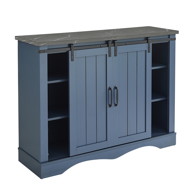 Pemberly Row Navy Buffet Bar Cabinet Barn Door w/ Marbling Pattern Countertop