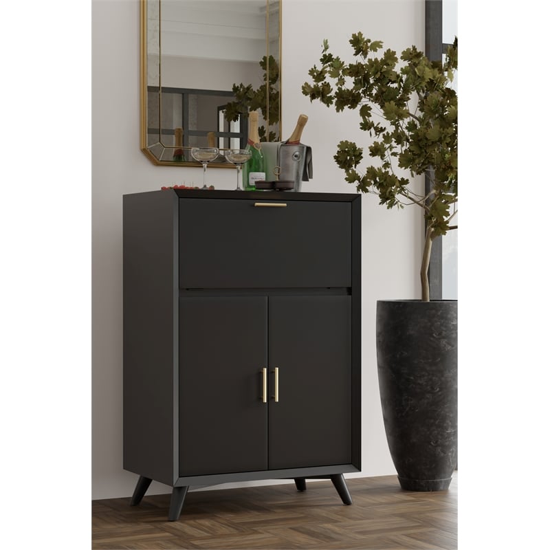 Pemberly Row Modern Large Bar Cabinet With Drop Down Tray in Black