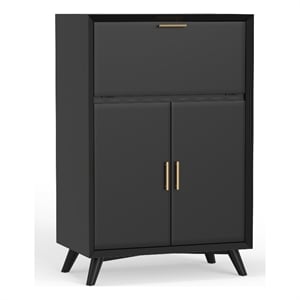 Pemberly Row Modern Large Bar Cabinet With Drop Down Tray in Black