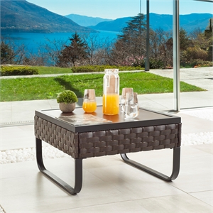 Pemberly Row Modern U-Leg Rattan Outdoor Side Table in Brown/Black