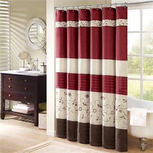 Pemberly Row Faux Silk Embroidered Floral Shower Curtain in Red