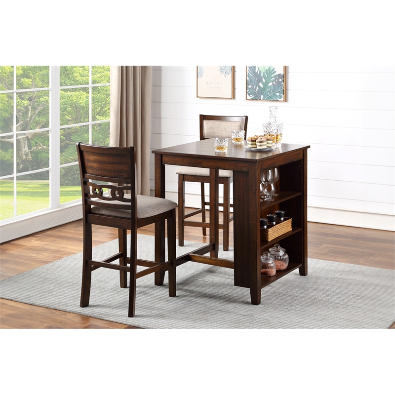Pemberly Row Solid Wood Counter Table with 2 Chairs in Cherry Brown