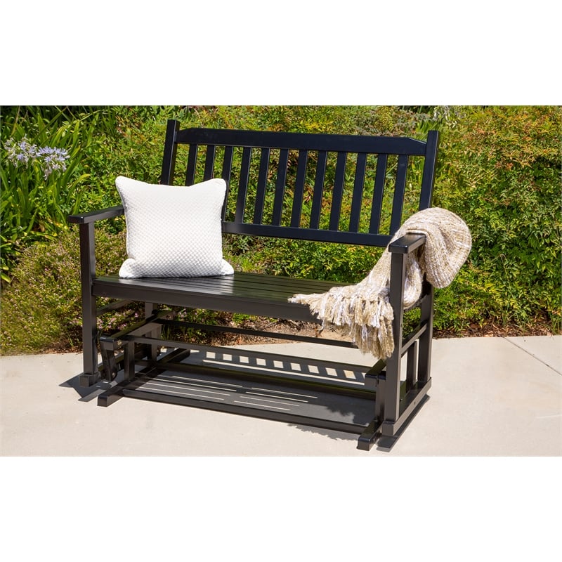 Pemberly Row Traditional Hardwood Outdoor Glider Loveseat in Black Finish