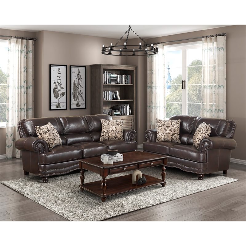 Pemberly Row Faux Leather 2-Piece Upholstered Sofa Set in Brown