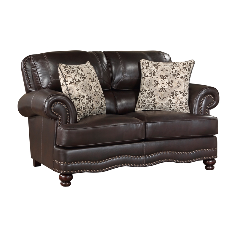 Pemberly Row Faux Leather 2-Piece Upholstered Sofa Set in Brown