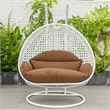 Pemberly Row Outdoor White Wicker Hanging Double Egg Swing Chair in Brown