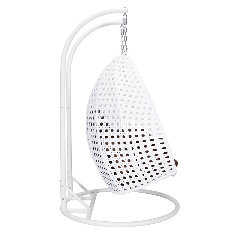 Pemberly Row Outdoor White Wicker Hanging Double Egg Swing Chair in Brown