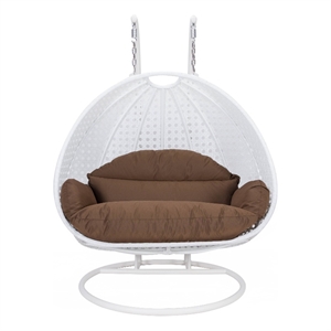 Pemberly Row Outdoor White Wicker Hanging Double Egg Swing Chair in Brown