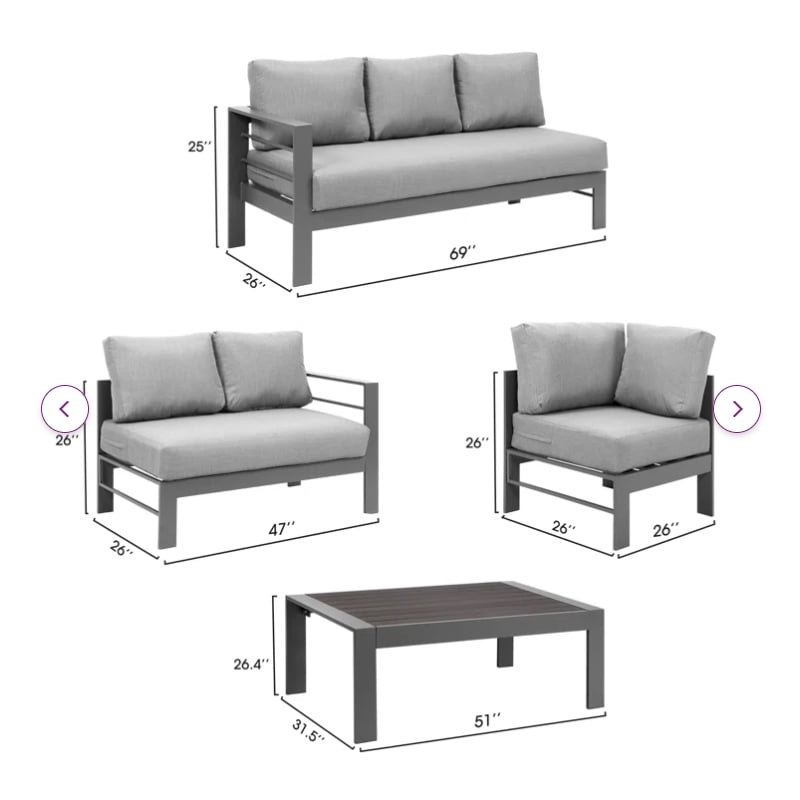 Pemberly Row 4-Piece Outdoor Aluminum & Fabric Conversation Set in Dark Gray