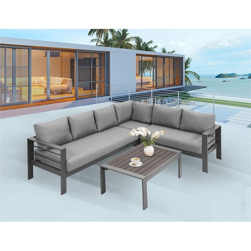 Pemberly Row 4-Piece Outdoor Aluminum & Fabric Conversation Set in Dark Gray