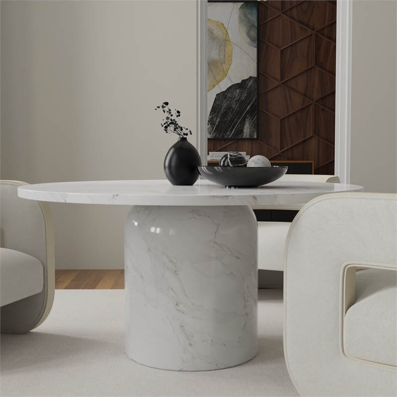 Pemberly Row Modern 60'' Round Marble Dining Table Pedestal Base