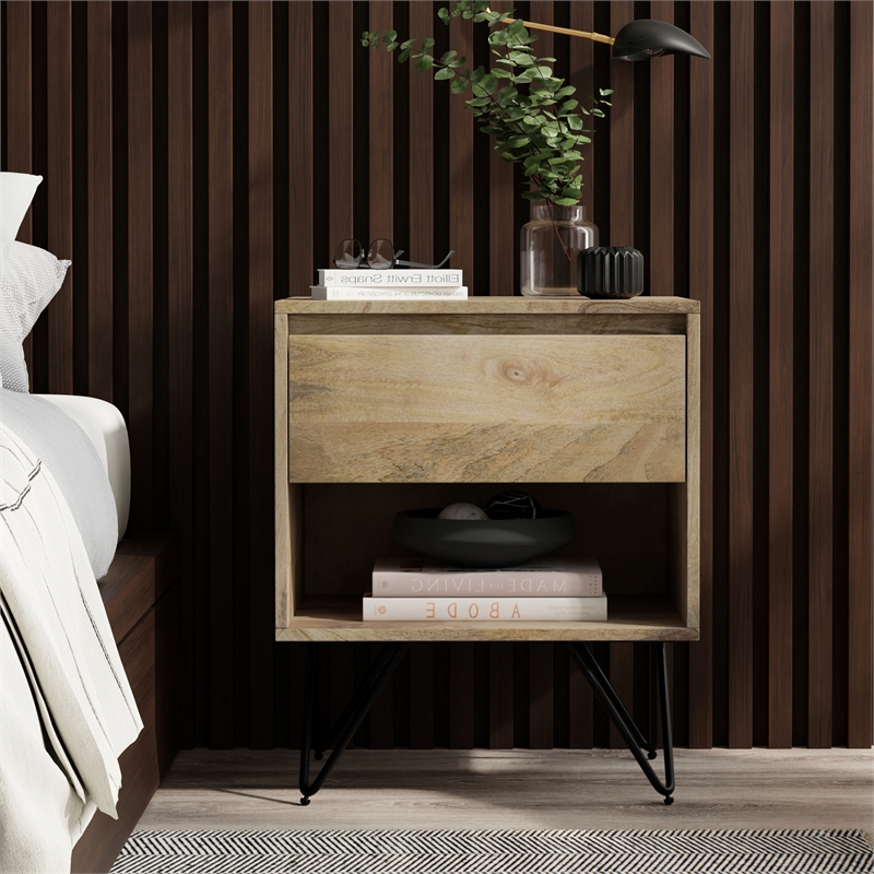 Pemberly Row Solid Mango Wood 20 inch Wide Industrial Nightstand in Natural