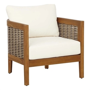 Pemberly Row Wood & Faux Rattan Club Chair Beige Cushions - Brown Oil Finish