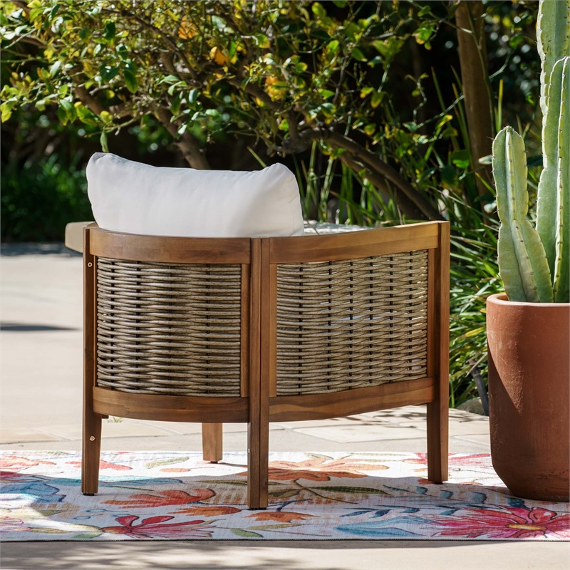 Pemberly Row Wood & Faux Rattan Club Chair Beige Cushions - Brown Oil Finish
