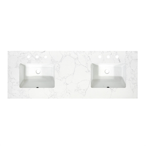 Pemberly Row 61&quot Engineered Stone Vanity Top - Grain White w/ Double White Sinks