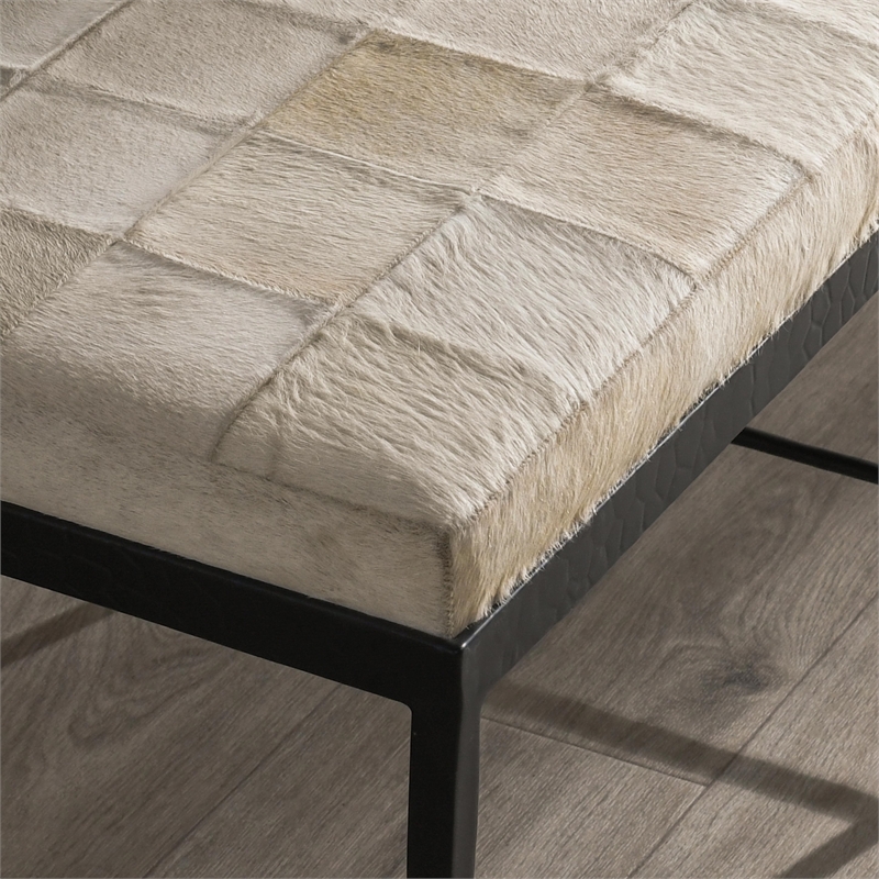 Pemberly Row Modern Leather Hide Ottoman Bench in Beach Ivory