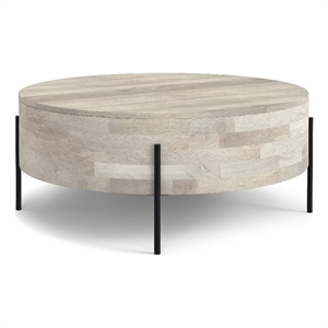 Pemberly Row Mango Wood 38&quot Wide Round Urban Drum Coffee Table in White Wash