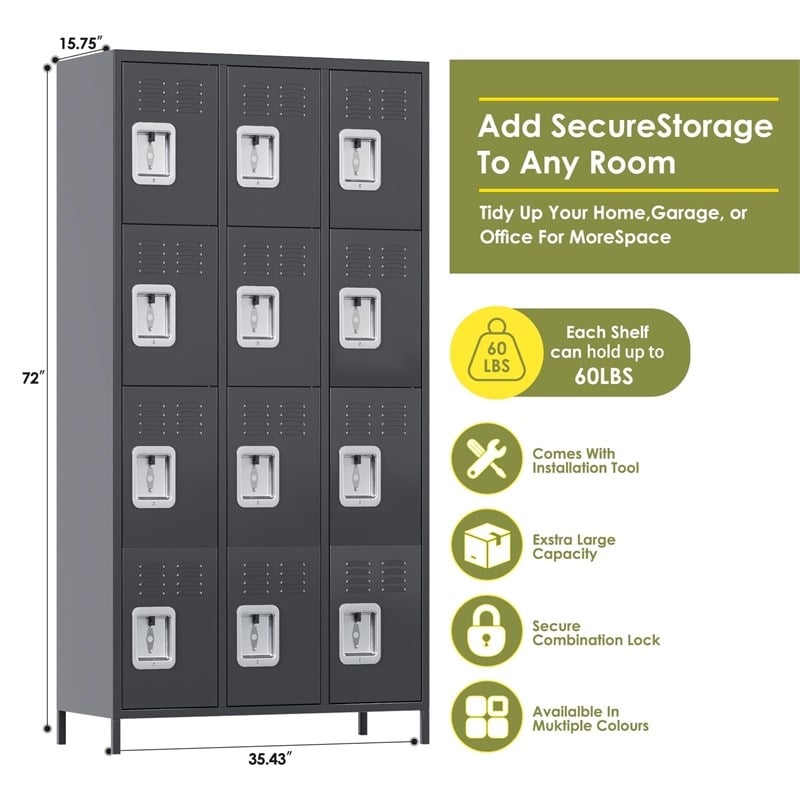 Pemberly Row Metal Locker with 12 Door for School and Employee Dark Gray