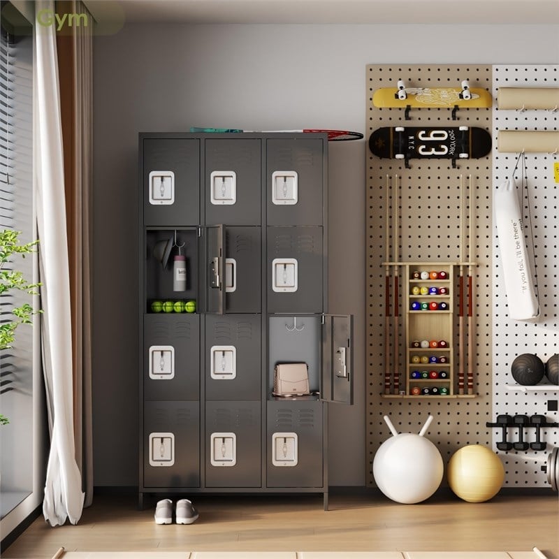 Pemberly Row Metal Locker with 12 Door for School and Employee Dark Gray