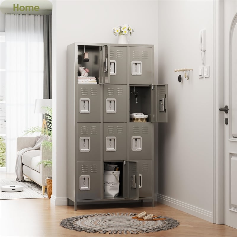 Pemberly Row Metal Locker with 12 Door for School and Employee Light Gray