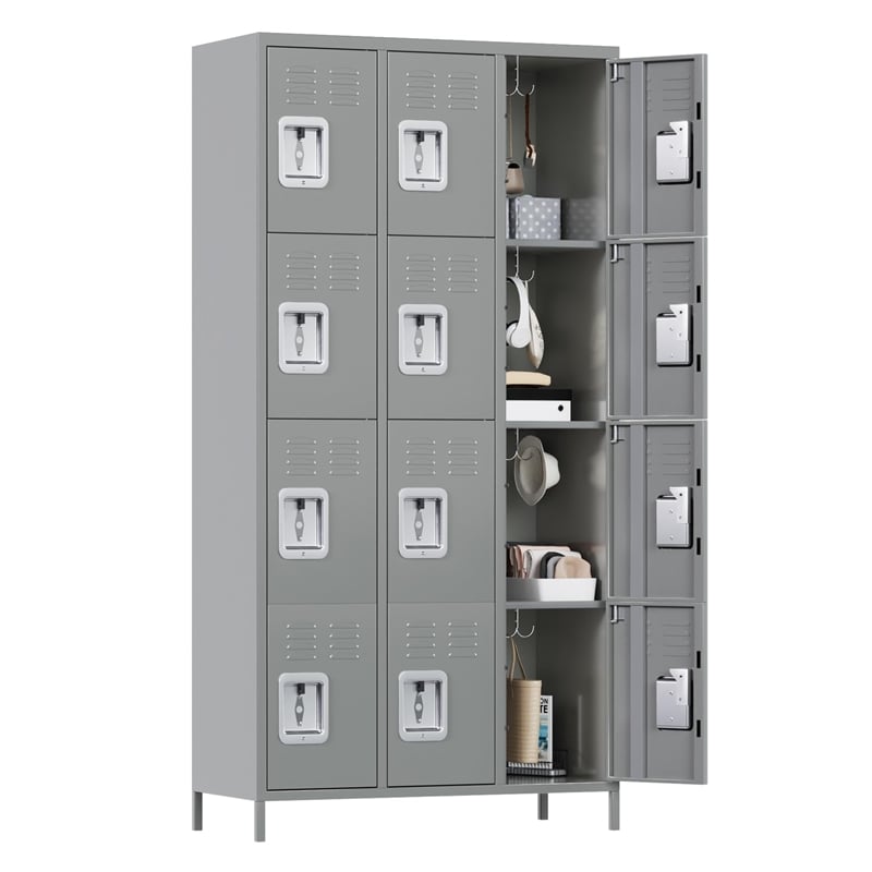 Pemberly Row Metal Locker with 12 Door for School and Employee Light Gray