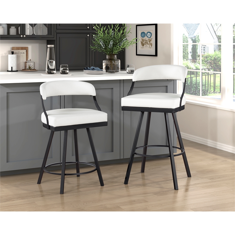 Pemberly Row Metal & Faux leather set of 2 Swivel Counter Height Chair in White