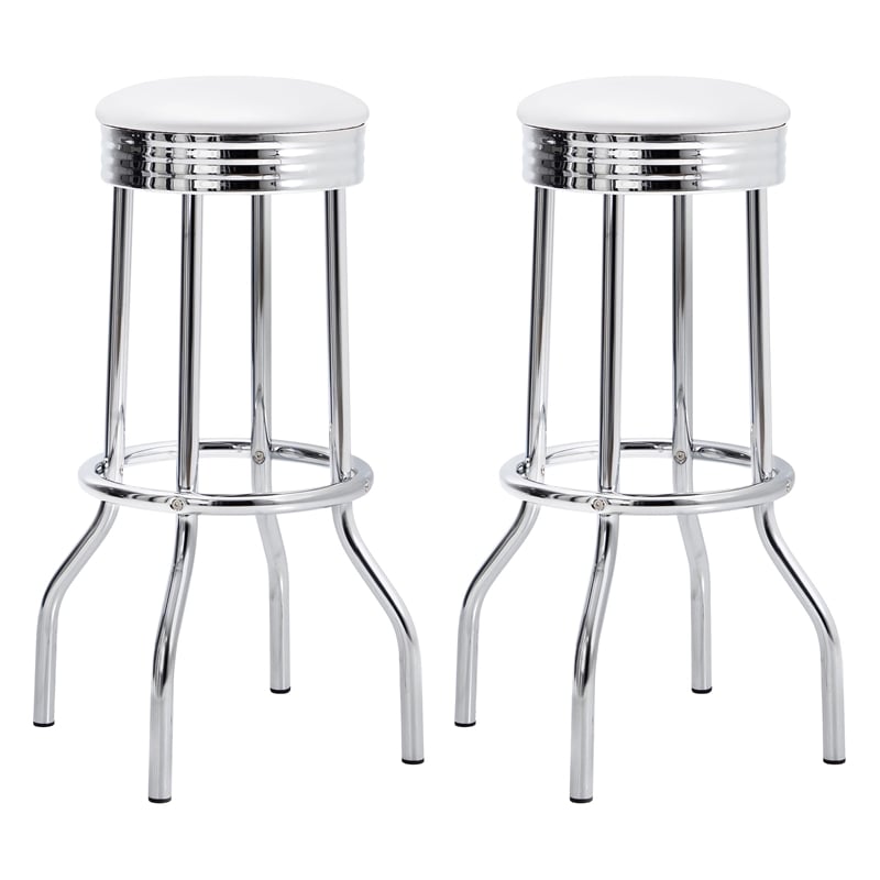 Pemberly Row Contemporary Round Faux Leather Bar Stools in White