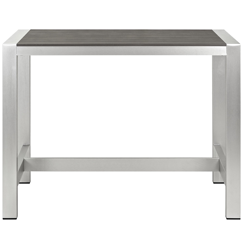 Pemberly Row Outdoor Patio Wood and Aluminum Rectangle Bar Table in Silver/Gray