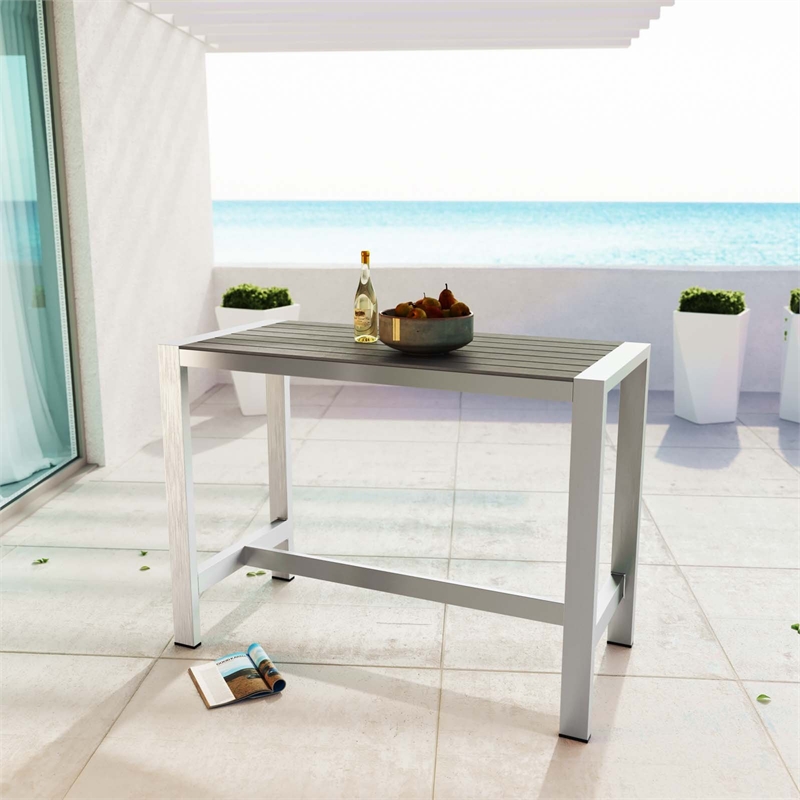 Pemberly Row Outdoor Patio Wood and Aluminum Rectangle Bar Table in Silver/Gray