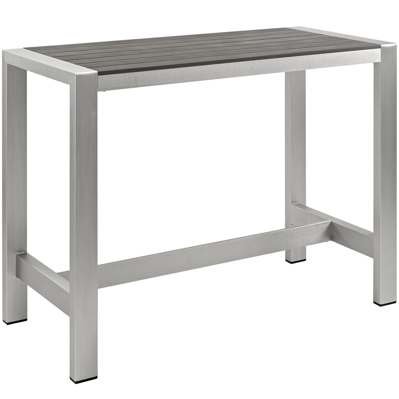 Pemberly Row Outdoor Patio Wood and Aluminum Rectangle Bar Table in Silver/Gray