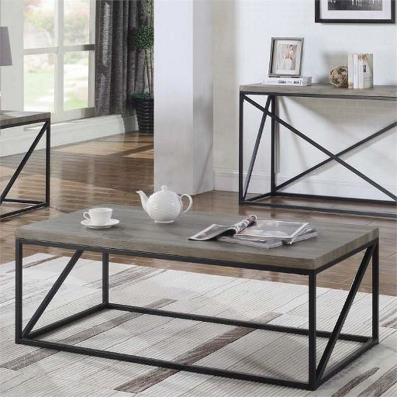 Pemberly Row Farmhouse Wood Rectangular Coffee Table with Metal Base in Gray