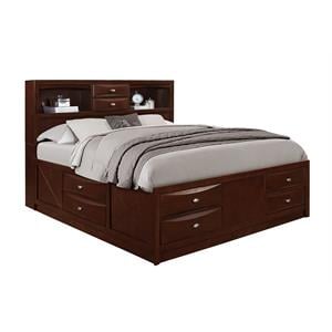 Pemberly Row New Merlot Wood King Bed with Storage and Bookcase