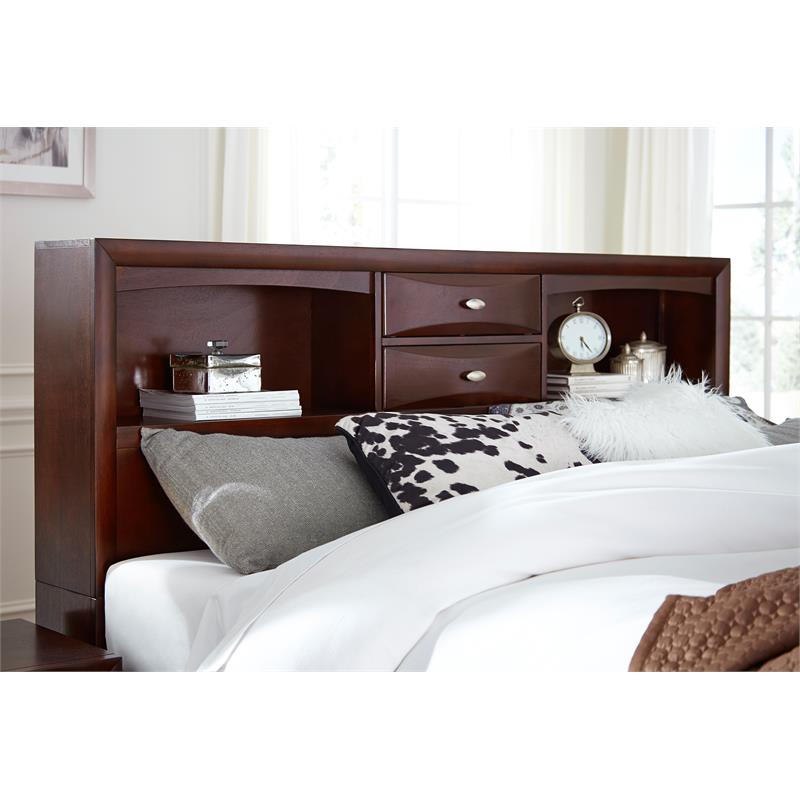 Pemberly Row New Merlot Wood King Bed with Storage and Bookcase