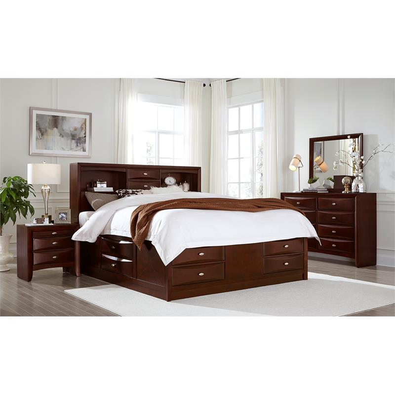 Pemberly Row New Merlot Wood King Bed with Storage and Bookcase