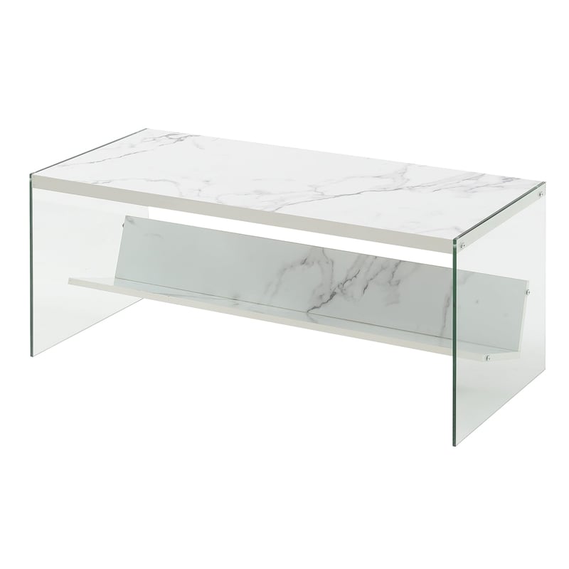 Pemberly Row Modern Coffee Table in Faux White Marble Wood Finish