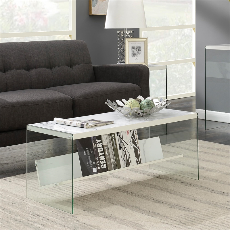 Pemberly Row Modern Coffee Table in Faux White Marble Wood Finish