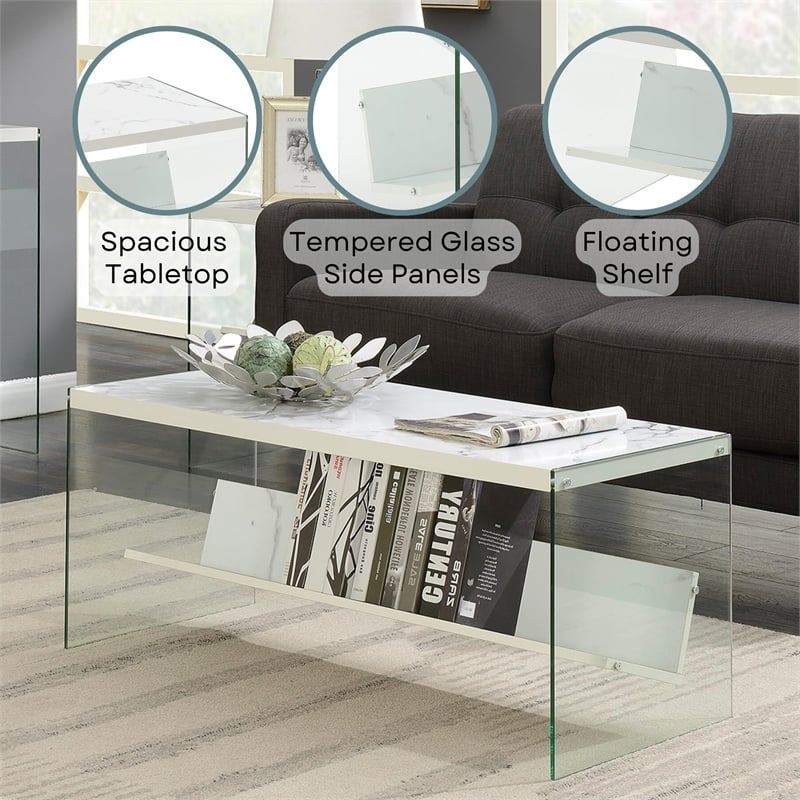 Pemberly Row Modern Coffee Table in Faux White Marble Wood Finish